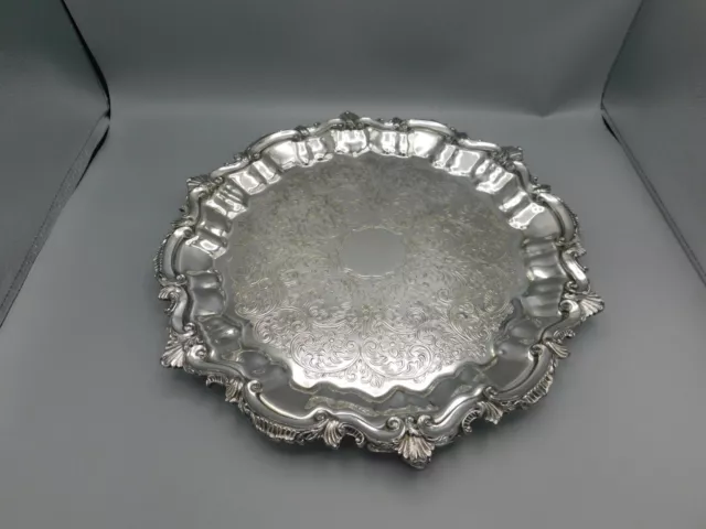 Antique Sheffield Scalloped Round Silver Plate Shell design Tray Platter 15"