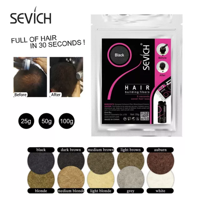 25/50//100 g Polvo para el cuidado de la pérdida del cabello Sevich Fibras para la construcción del cabello Corrector de recarga