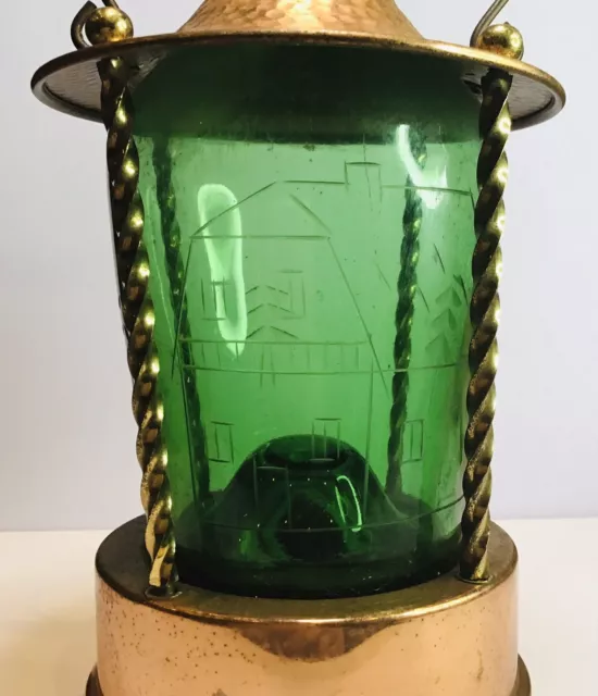 Vintage Mid Century Green Glass & Copper Working Musical Lantern Decanter VGC 3