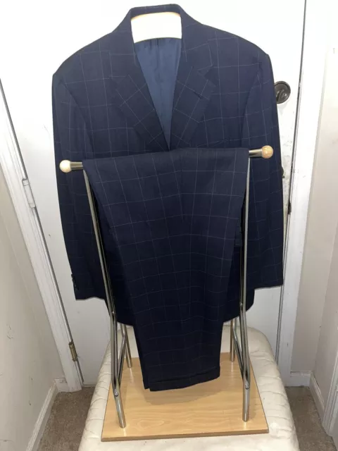 Vintage Polo Ralph Lauren Blue Label Navy Chalk Windowpane Suit 42R Made Italy