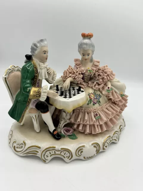 Vintage Dresden Germany Volkstedt Couple Playing Chess Lace  Figurine As Is