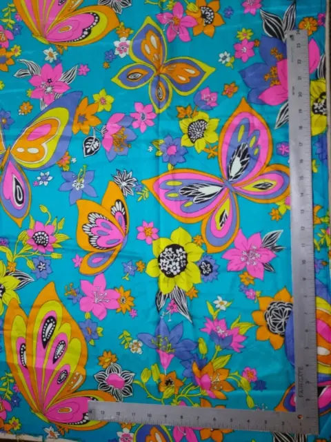 1 Yrd Vintage Remnant Polyester Acetate Fabric 45" Wide Psychedelic Butterflies