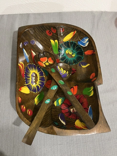 Large Hand Painted Wooden Salad Bowl with Serving Utensils.