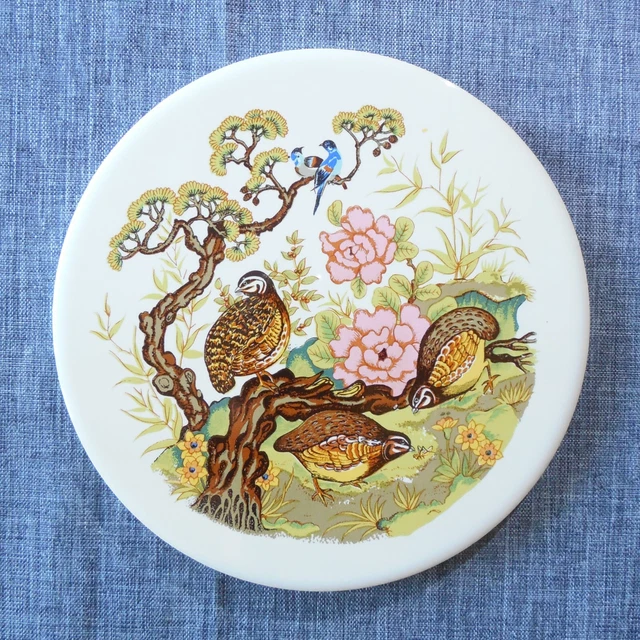 H & R Johnson Round Tile Trivet from ENGLAND Exotic Japanese Partridge Garden