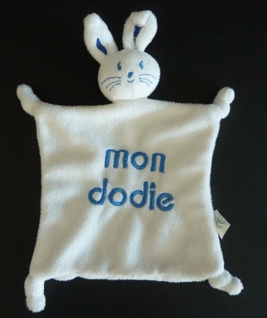 *. Doudou Plat Mon Dodie Lapin  En Velours Blanc Bleu - Tbe
