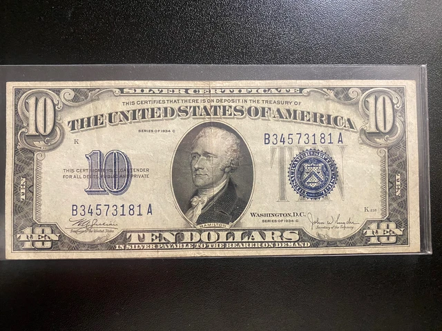 1934 - $10 Ten Dollars Silver Certificate Blue Seal Note 2