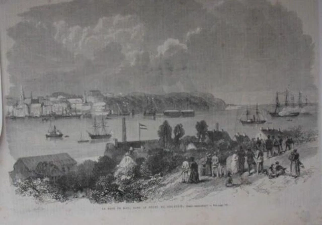GRAVURE SUR BOIS 19ème RADE DE KIEL DANS LE DUCHE DE HOLSTEIN ALLEMAGNE