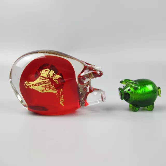 Glass Pig Figurines / Ornaments. Studio Art. Vintage. Green & Red. Hand blown.