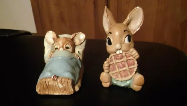 Pendelfin Picnic Midge & Wakey Rabbits. Hand painted stoneware rabbit figurines.