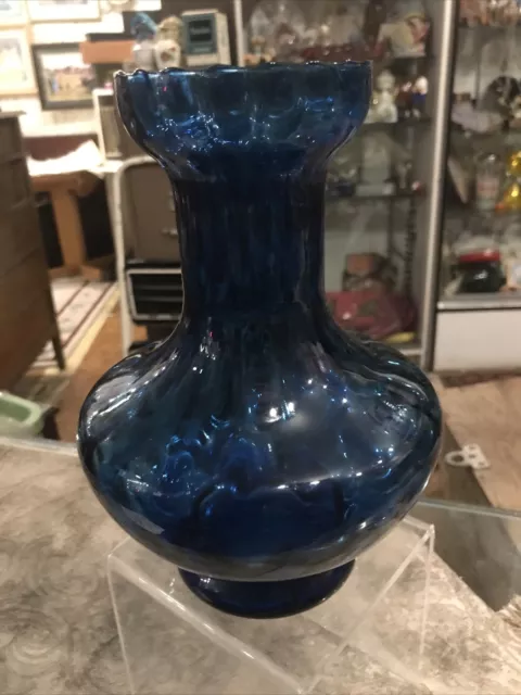 Vintage  Large Mid Century Modern Empoli Italian Art Glass Blue Vase Optic Rib