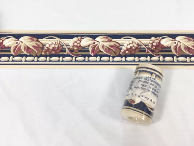 Wallpaper Border Blue Maroon Beige Grapes Vine Acanthus Leaf Scroll 2.8”