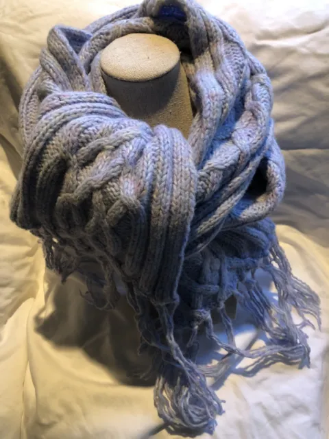 Ladies New York & Co Cable Knit Scarf Lavender Hints Of Pink Blue Fringe Soft!