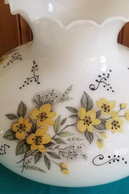 Vtg GWTW 7" Fitter Yellow Floral White Glass Hurricane Oil Electric Lamp Shade