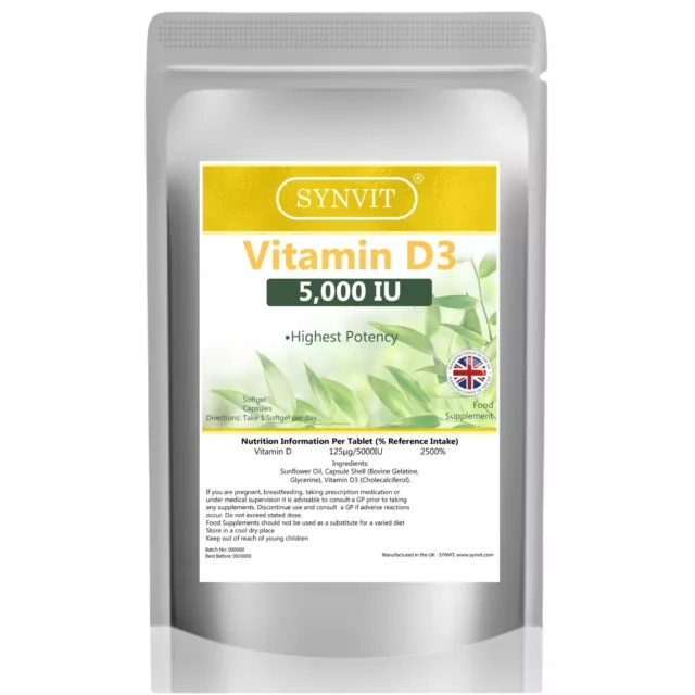 Vitamin D D3 5000IU High Strength Cholecalciferol, 360 Softgels SYNVIT UK MADE