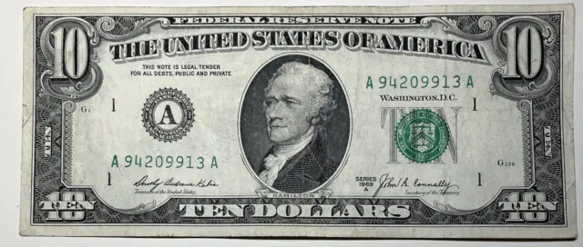 1969 A $10 Ten Dollar Bill Federal Reserve Note  Boston MA Vintage Old Currency