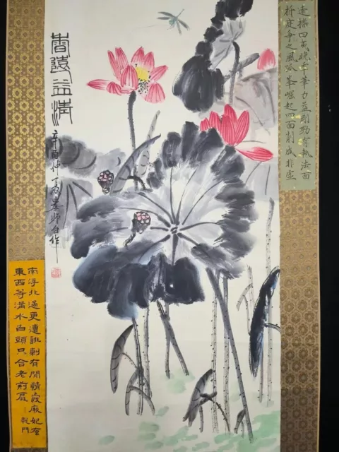 Old Chinese Antique Hand painting Scroll Lotus By Lou ShiBai 娄师白 荷花