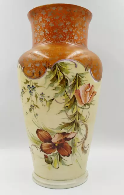 Large Milk Glass Hand Painted Vase. Vintage. Floral Design. Some Transfer Ware