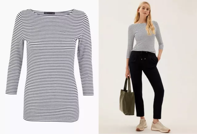 Ladies Marks and Spencer Cotton Rich Striped Slim Fit 3/4 Sleeve Top Black White