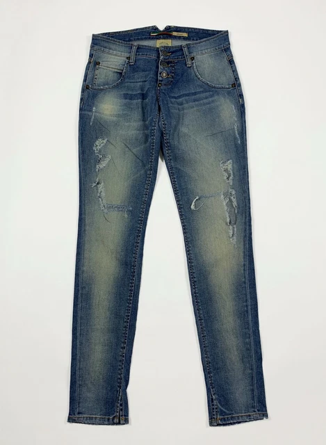 Please jeans donna usato Small S skinny strappati destroyed denim blu T6438