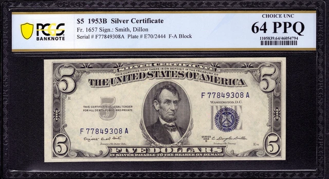 1953 B $5 Silver Certificate Note Fr.1657 Fa Block Pcgs B Choice Unc Cu 64 Ppq