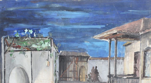 Vintage gouache painting Theater stage old town exterior design
