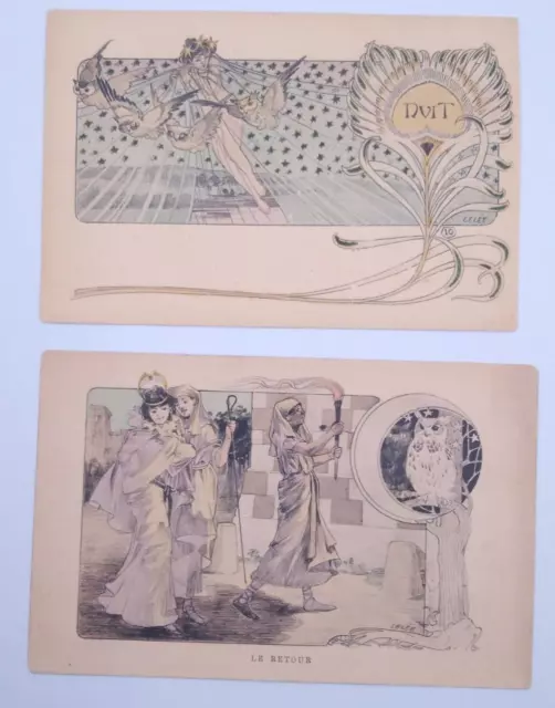 Lot of 2 Art Nouveau Owls Fantasy Lady Glamour  A/S Lelee Vintage Postcards