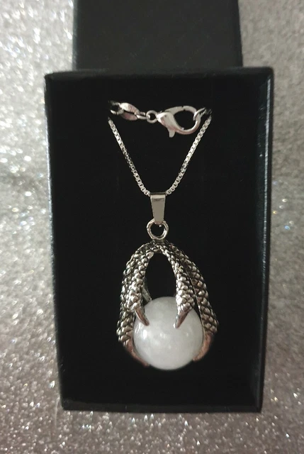 BNIB Dragon Claw MILKY QUARTZ Natural Gemstone Pendant 925 St.Silv Box Chain 20"