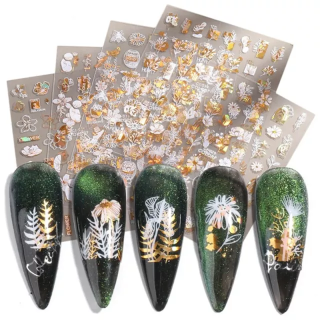 Nail Slider 3D Decal Gold White Gradient Flowers Nail Stickers Holographic Decor