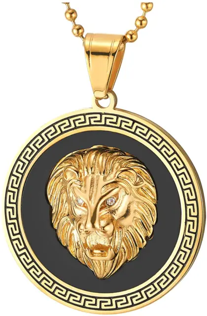 Men Steel Lion Head Circle Medal Pendant Necklace with CZ, Black Onyx, Greek Key