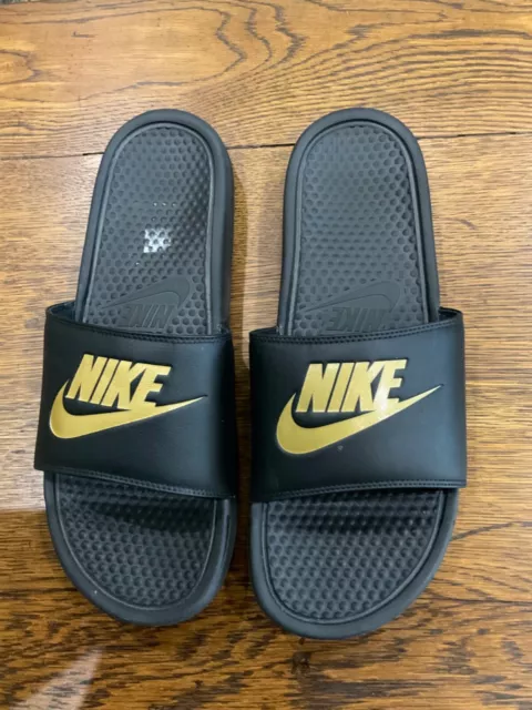 Nike Mens Benassi JDI Slides Sandals BLACK/METALLIC GOLD Size14