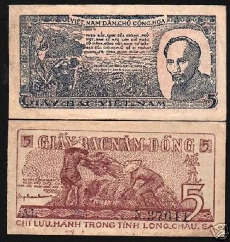 Vietnam 5 Dong P-19 1948 Ho Chi Minh Sheaves Aunc Rare Money Bill Asia Bank Note