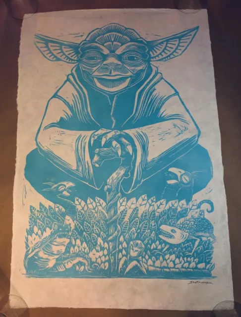 ATTACK PETER YODA STAR WARS ART PRINT SIGNED Linocut on Lokta Paper RARE! Mondo