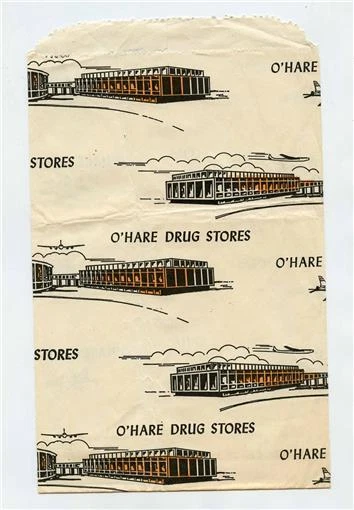 O'Hare Drug Stores Paper Bag O'Hare Field Airport Chicago Illinois 1950's