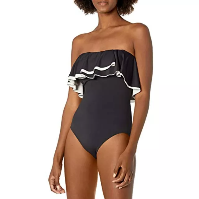 $132 Contours by Coco Reef Women's Agate Ruffle Bandeau ONE Piece Black 38C/14