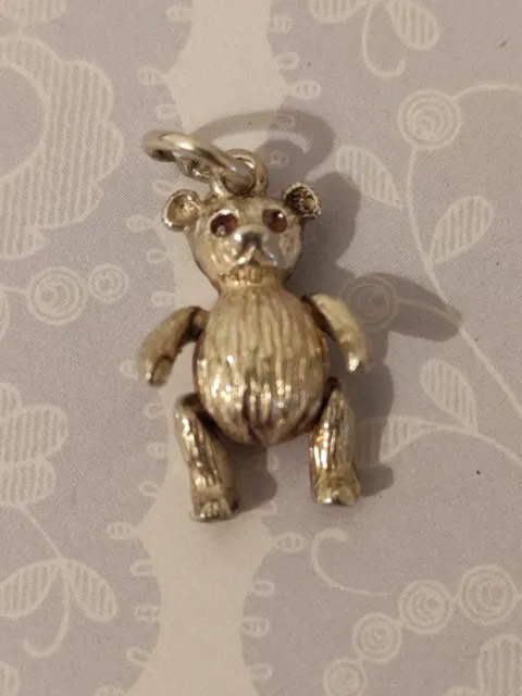 Vintage Silver Moving Arms And Legs, & Stones For Eyes.Teddy Bear Charm/Pendant.