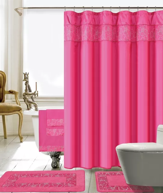 Ensemble 18 pièces rideau de douche à bandes lilian broderie (rose chaud)