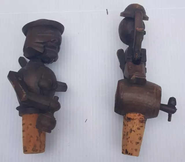 Vintage Hand Carved Man x2 Mechanical Wooden Bottle Stopper Drinking man cave 2