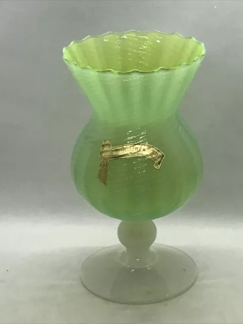 RARE! VTG 50's Lavorazione a Mano Green Vaseline Opalescent Ribbed Footed Vase