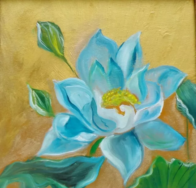 Original Oil Painting Hawaii Artist "Blue Lotus On Gold" One Of A Kind