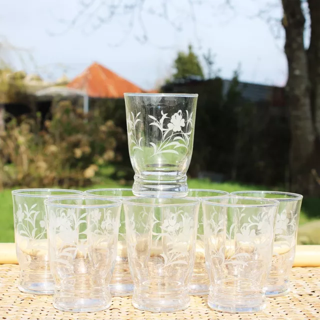 Set de 8 verres à eau anciens à motif floral fleurs de Genet 9 cm