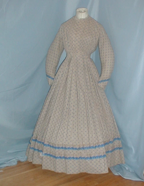 Sweet Antique Dress Victorian 1860's Tan and Blue Print Cotton
