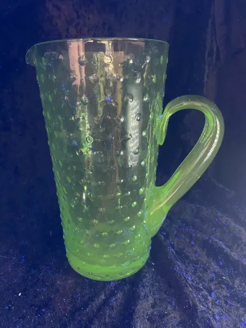 VTG Green Dots Uranium UV Glass Pitcher Handmade 8.75” Tall