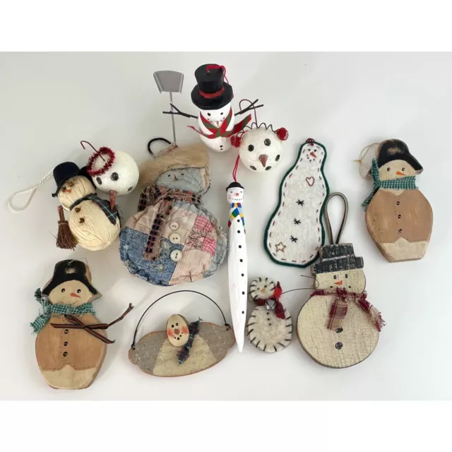 Vintage Lot of 12 Snowman Themed Christmas Ornaments Felt Wood Fabric Handmade