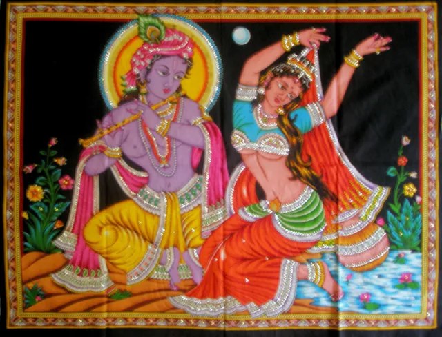 Hindu Gods Tapestry Lord Krishna Radha Flute Dance Indian Sequined Wall Hanging