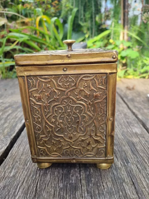 Vintage Brass on Wood Tea Caddy With Tea Spoon. Tin Lined and Embossed.