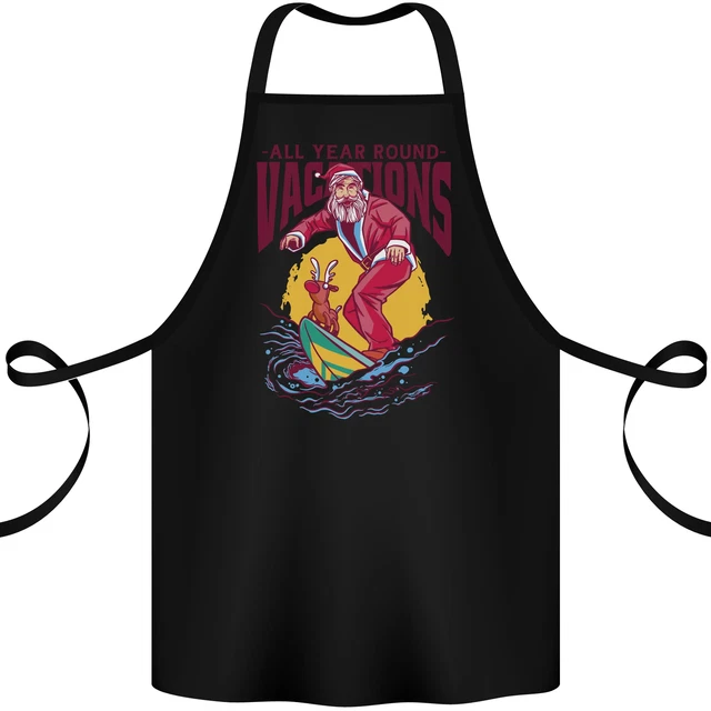 Santa Vacations Funny Christmas Surfer Surfing Cotton Apron 100% Organic