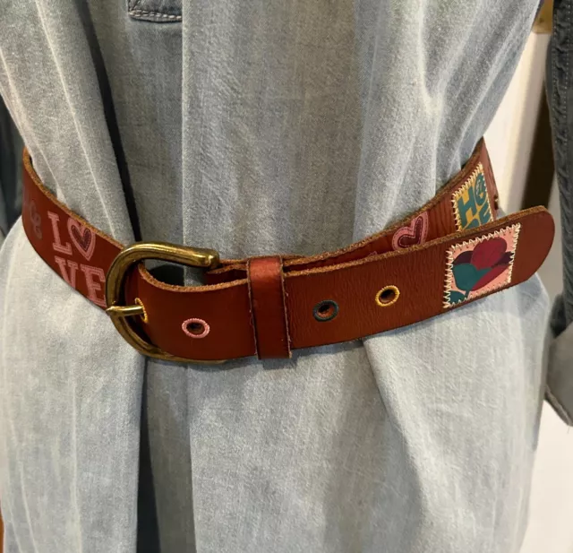 Vintage FOSSIL Hippy Boho Leather Belt Size L Retro Peace Love