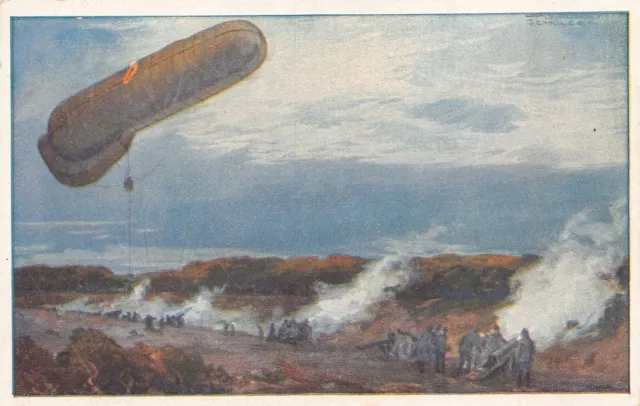 Postcard Military Wwi German Artillery In Action  Balloon