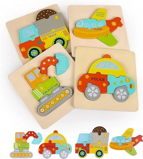 Wooden 4 Chunky Vehicles Puzzles traffic Set  Early Learning Car Plane Truck