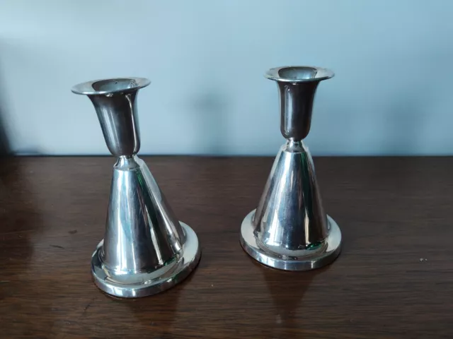 Vintage Pair Of 830 Silver Danish Georg Jensen Era Modern Candlesticks